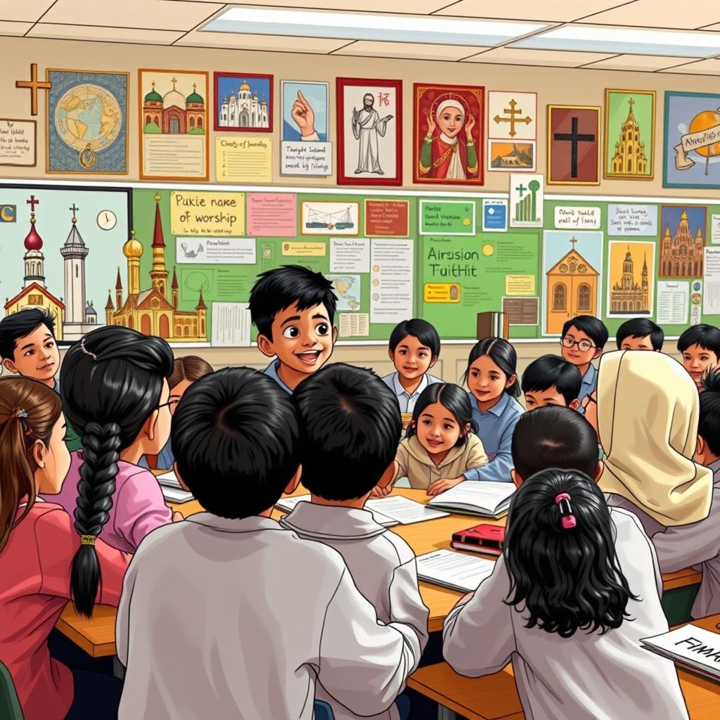 In a school setting, Budi and his friends are engaged in a discussion about the places of worship in their community