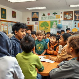 In a school setting, Budi and his friends are engaged in a discussion about the places of worship in their community