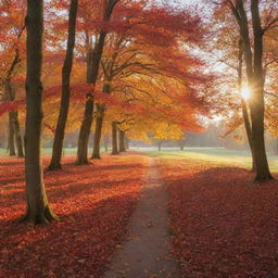 A serene landscape during autumn, with vibrant orange and red leaves falling from trees against a softly setting sun.