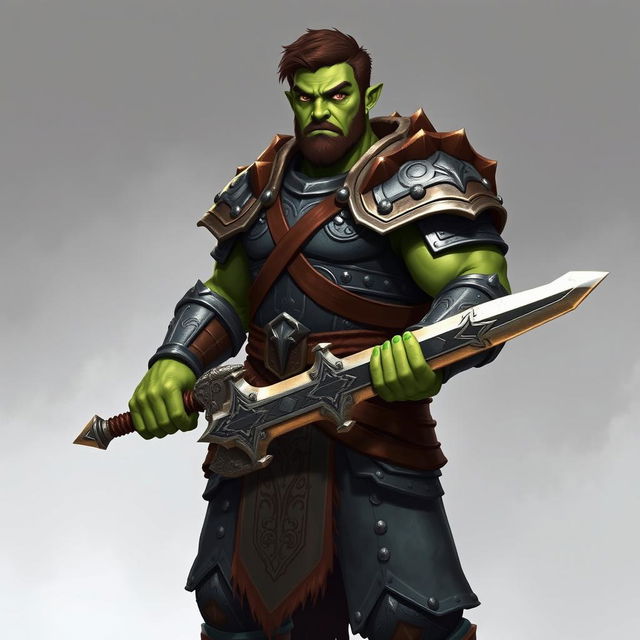 A 6-foot-tall Half-Orc D&D character with a muscular build weighing 220 pounds