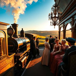 A vintage Victorian-era train journey, featuring an opulent steam locomotive with intricate details and luxurious carriages