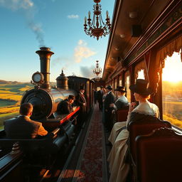 A vintage Victorian-era train journey, featuring an opulent steam locomotive with intricate details and luxurious carriages