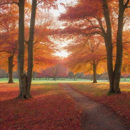 A serene landscape during autumn, with vibrant orange and red leaves falling from trees against a softly setting sun.