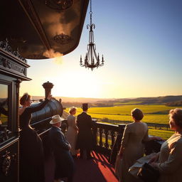 A vintage Victorian-era train journey, featuring an opulent steam locomotive with intricate details and luxurious carriages