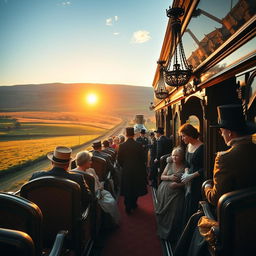 A vintage Victorian-era train journey, featuring an opulent steam locomotive with intricate details and luxurious carriages