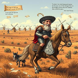 A whimsical and imaginative interpretation of "Don Quixote de la Mancha" featuring Don Quixote, an elderly man dressed in makeshift armor with a colander helmet and a determined expression, riding an old, skinny horse named Rocinante through a sprawling Spanish landscape