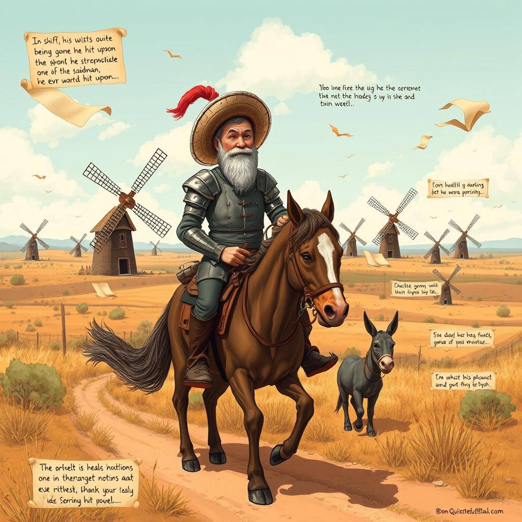 A whimsical and imaginative interpretation of "Don Quixote de la Mancha" featuring Don Quixote, an elderly man dressed in makeshift armor with a colander helmet and a determined expression, riding an old, skinny horse named Rocinante through a sprawling Spanish landscape