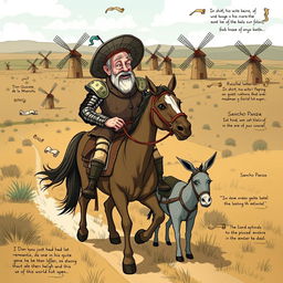 A whimsical and imaginative interpretation of "Don Quixote de la Mancha" featuring Don Quixote, an elderly man dressed in makeshift armor with a colander helmet and a determined expression, riding an old, skinny horse named Rocinante through a sprawling Spanish landscape