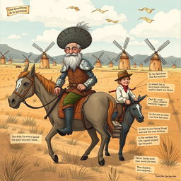 A whimsical and imaginative interpretation of "Don Quixote de la Mancha" featuring Don Quixote, an elderly man dressed in makeshift armor with a colander helmet and a determined expression, riding an old, skinny horse named Rocinante through a sprawling Spanish landscape