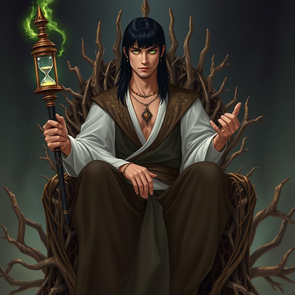 An adult human male with straight black hair and luminescent green eyes, sitting majestically atop a throne of intricately intertwined branches