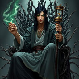 An adult human male with straight black hair and luminescent green eyes, sitting majestically atop a throne of intricately intertwined branches