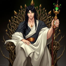 An adult human male with straight black hair and luminescent green eyes, sitting majestically atop a throne of intricately intertwined branches