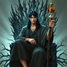 An adult human male with straight black hair and luminescent green eyes, sitting majestically atop a throne of intricately intertwined branches