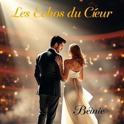 A romantic book cover titled "Les Échos du Cœur" featuring an elegant couple: a man in a black suit and a woman in a chic dress, standing on a concert stage