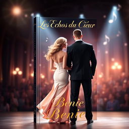 A romantic book cover titled "Les Échos du Cœur" featuring an elegant couple: a man in a black suit and a woman in a chic dress, standing on a concert stage