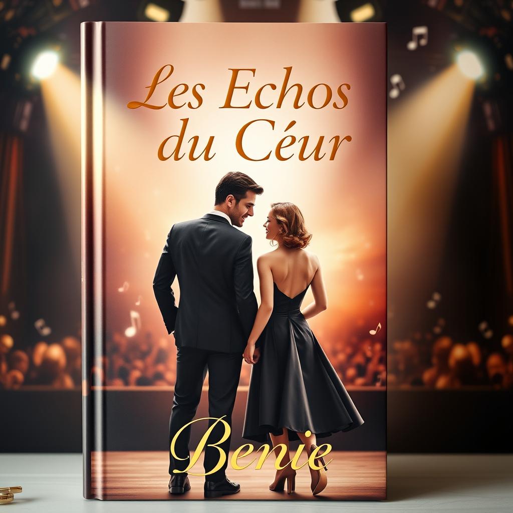 A romantic book cover titled "Les Échos du Cœur" featuring an elegant couple: a man in a black suit and a woman in a chic dress, standing on a concert stage