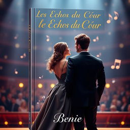 A romantic book cover titled "Les Échos du Cœur" featuring an elegant couple: a man in a black suit and a woman in a chic dress, standing on a concert stage