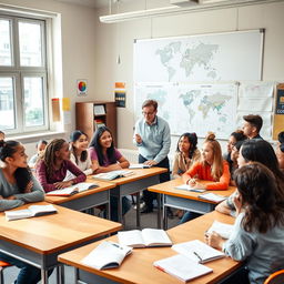 A classroom scene with diverse students actively engaged in a discussion