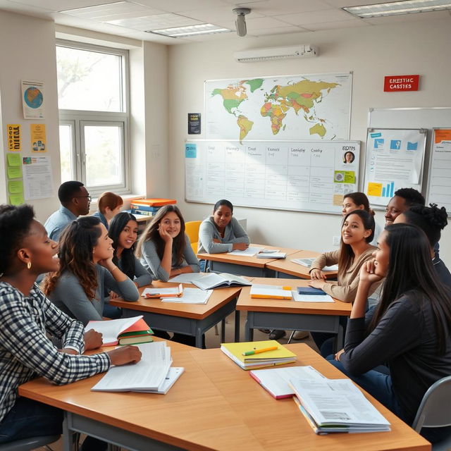 A classroom scene with diverse students actively engaged in a discussion