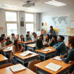 A classroom scene with diverse students actively engaged in a discussion