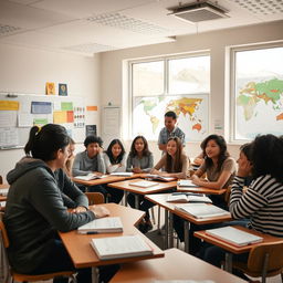 A classroom scene with diverse students actively engaged in a discussion