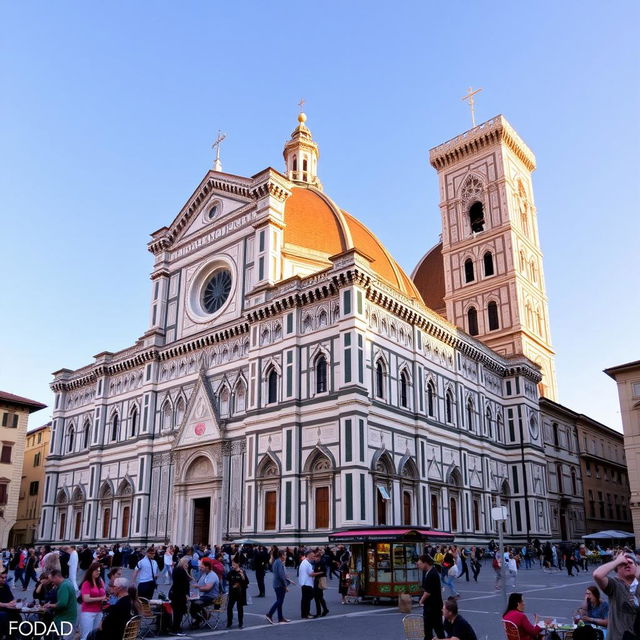 A stunning view of Piazza del Duomo in Florence, Italy, showcasing the magnificent architecture of the Florence Cathedral and Giotto's Campanile in the background