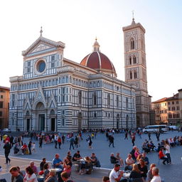 A stunning view of Piazza del Duomo in Florence, Italy, showcasing the magnificent architecture of the Florence Cathedral and Giotto's Campanile in the background