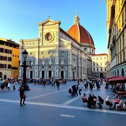 A stunning view of Piazza del Duomo in Florence, Italy, showcasing the magnificent architecture of the Florence Cathedral and Giotto's Campanile in the background