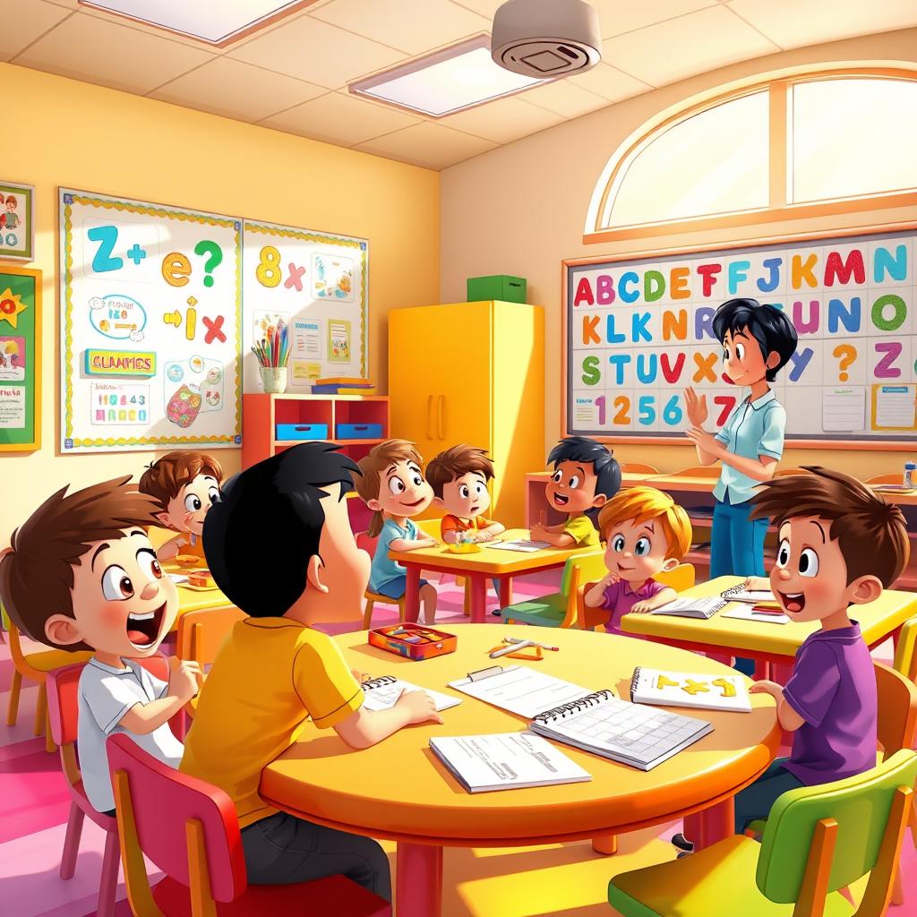 An animated scene showing elementary school children engaged in a lively discussion in a classroom