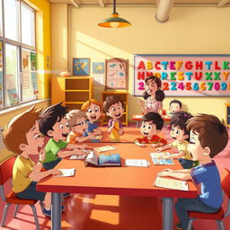 An animated scene showing elementary school children engaged in a lively discussion in a classroom