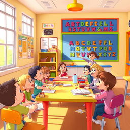 An animated scene showing elementary school children engaged in a lively discussion in a classroom