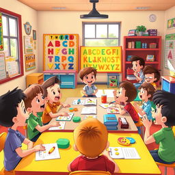 An animated scene showing elementary school children engaged in a lively discussion in a classroom