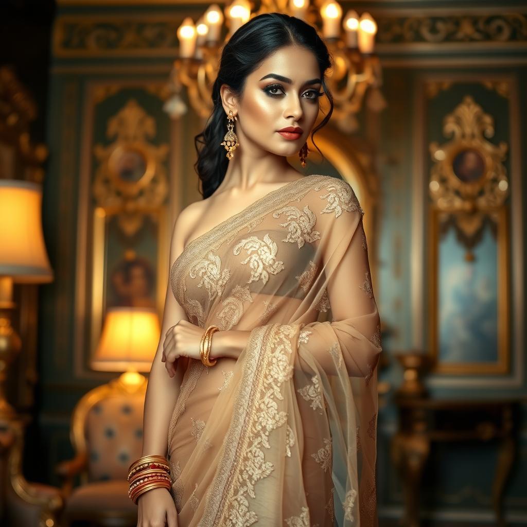 A woman wearing a seductive, elegant, transparent saree, skillfully draped to showcase intricate lace patterns