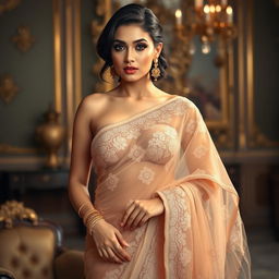 A woman wearing a seductive, elegant, transparent saree, skillfully draped to showcase intricate lace patterns