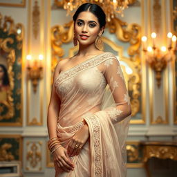 A woman wearing a seductive, elegant, transparent saree, skillfully draped to showcase intricate lace patterns