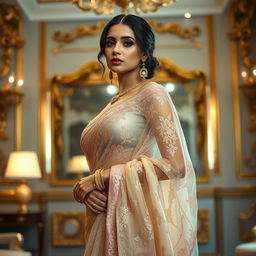 A woman wearing a seductive, elegant, transparent saree, skillfully draped to showcase intricate lace patterns