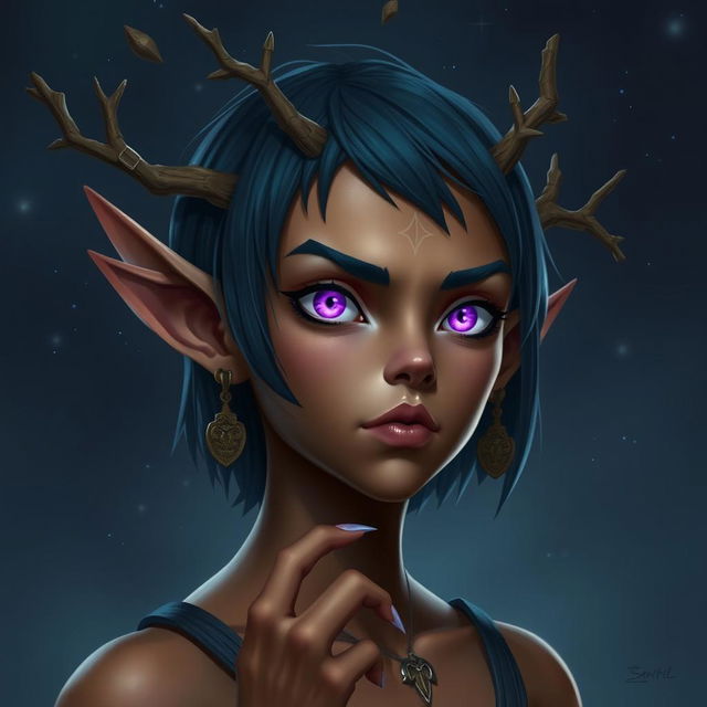 A digital portrayal of a fierce young female wood elf with bronze skin, embodying the spirit of a druid