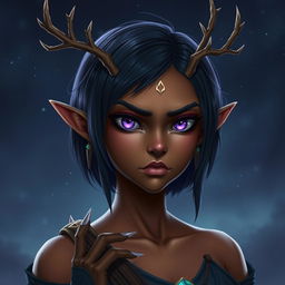 A digital portrayal of a fierce young female wood elf with bronze skin, embodying the spirit of a druid