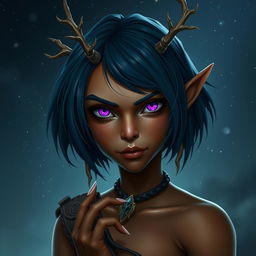 A digital portrayal of a fierce young female wood elf with bronze skin, embodying the spirit of a druid