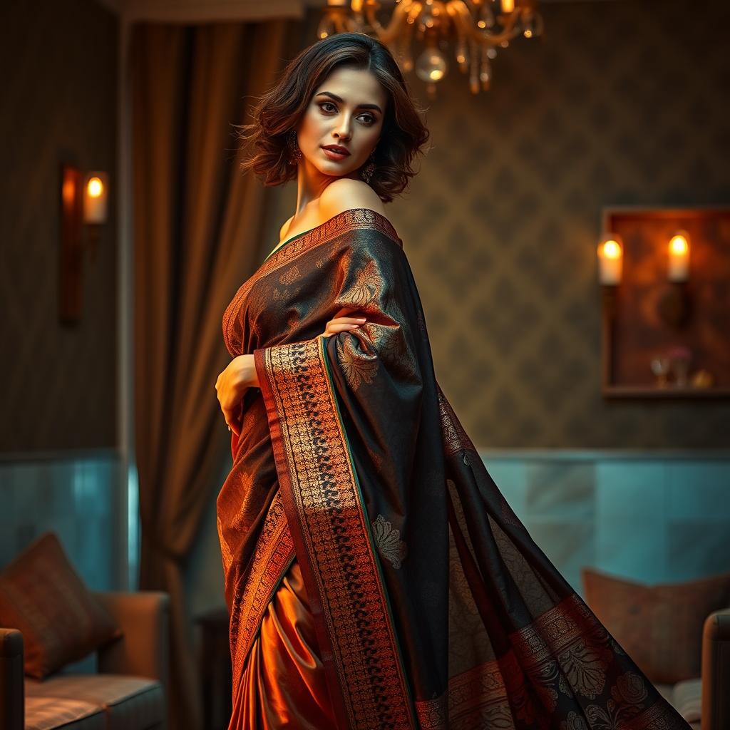 A seductive and elegant scene featuring a woman wearing a beautifully draped saree