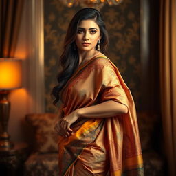 A seductive and elegant scene featuring a woman wearing a beautifully draped saree