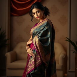 A seductive and elegant scene featuring a woman wearing a beautifully draped saree