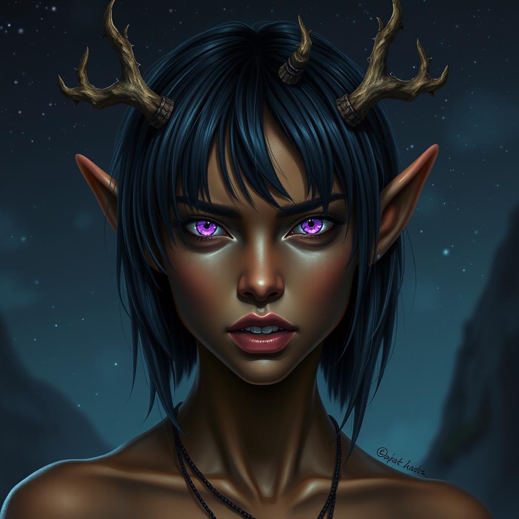 A striking portrayal of a savage young female wood elf with bronze skin, embodying druidic power