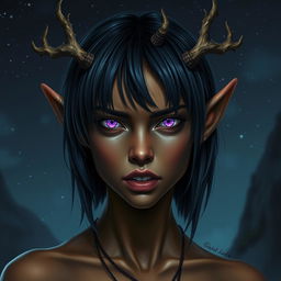 A striking portrayal of a savage young female wood elf with bronze skin, embodying druidic power