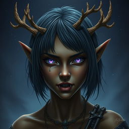 A striking portrayal of a savage young female wood elf with bronze skin, embodying druidic power