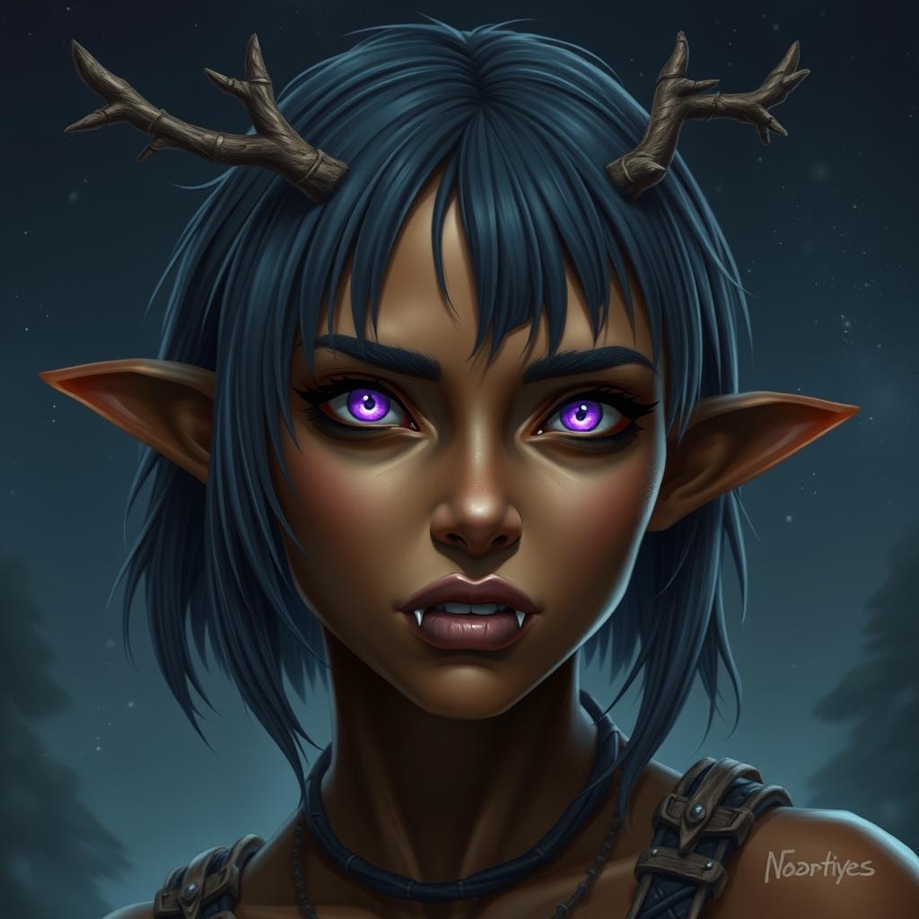 A striking portrayal of a savage young female wood elf with bronze skin, embodying druidic power