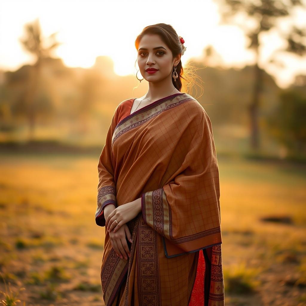 A woman elegantly wearing a traditional Mekhela Chadar, an Assamese two-piece garment