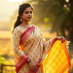 A woman elegantly wearing a traditional Mekhela Chadar, an Assamese two-piece garment