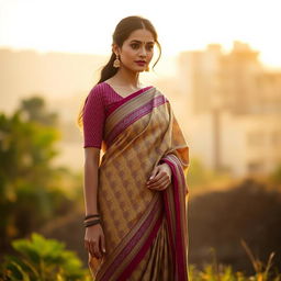 A woman elegantly wearing a traditional Mekhela Chadar, an Assamese two-piece garment