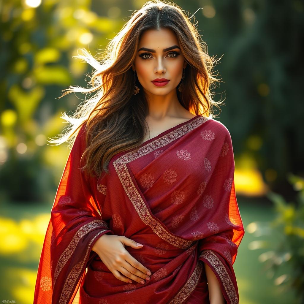 A sexy portrayal of a woman wearing a Mekhela Chadar with a modern twist, featuring a more fitted style that accentuates her figure